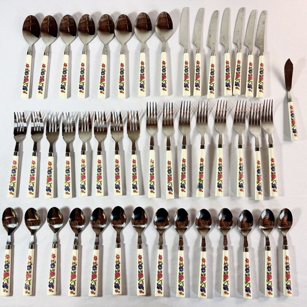 Vintage Floral Flatware Set 46 pc Stainless Steel Forks Spoons Knives Retro